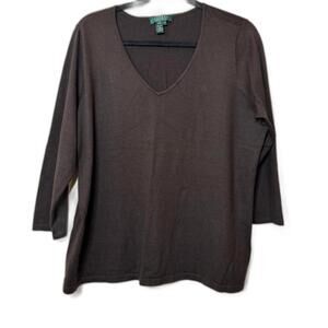 Lauren Ralph Lauren Woman's Brown Stretch Ribbed Knit 3/4 v-neck top Plus 1X